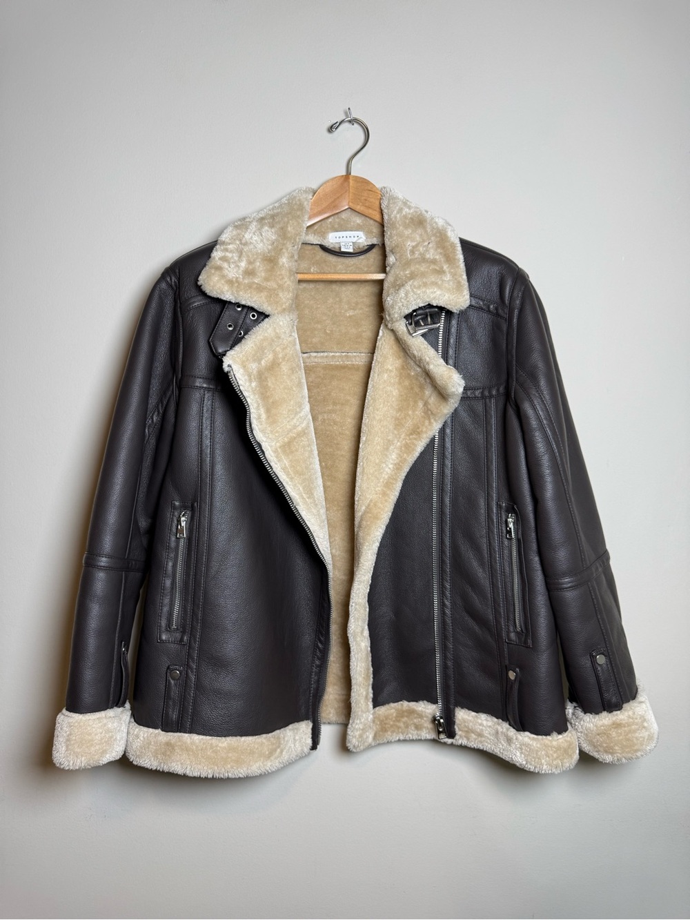 Topshop | Faux Shearling Aviator Jacket Biker Moto Coat | Brown | Size US S UK 8 - Picture 2 of 13